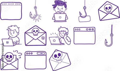 Stay alert online with phishing awareness featuring sketchy emails and fishing hooks