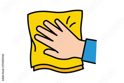 Vector art of hand wiping a surface with a yellow cloth, cleaning and sanitizing to prevent the spread of germs