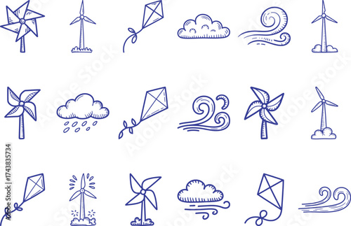 Sketchy blue doodles featuring playful kites, windmills and breezy clouds elements