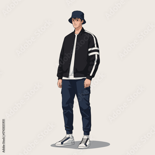 Stylish Young Man in Modern Streetwear Fashion Illustration with Bomber Jacket and Bucket Hat, Casual Urban Style