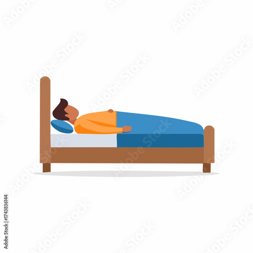 Man sleeping peacefully in bed at night, vector illustration for rest and sleep concepts