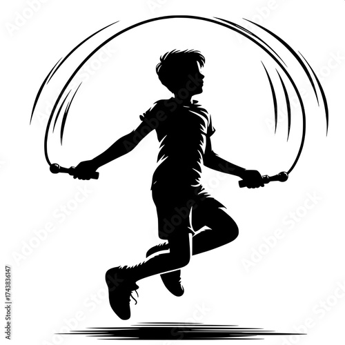 Black and White Vector Silhouette of a Boy Jumping Rope
