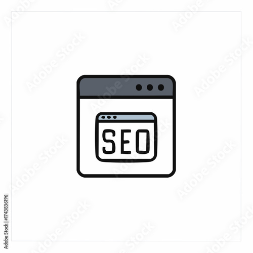 Digital internet browser window displaying SEO text within a simplified icon graphic
