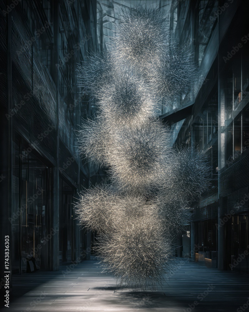 custom made wallpaper toronto digitalAvant-Garde Spiky Metal Sculpture Installation in Modern Atrium, Dramatic Light and Shadows. AI generative