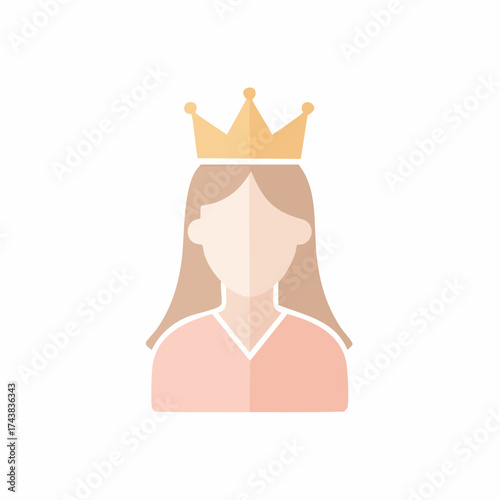 Simple flat design icon of a queen or princess with a gold crown and long hair. Royal female avatar illustration.