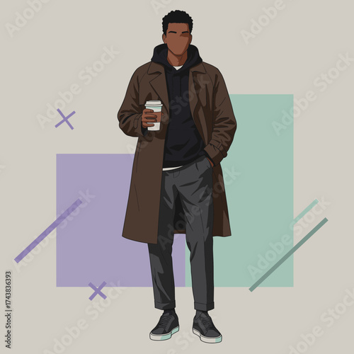 Stylish Black Man in Trench Coat Holding Coffee Cup. Modern Urban Fashion Illustration with Abstract Geometric Background.