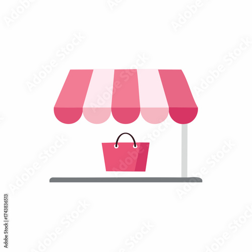 Pink striped awning over a bright pink shopping bag on a platform, minimalist design