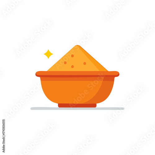 Vibrant yellow powder or spice in an orange bowl with a sparkling clean graphic illustration