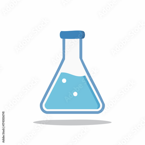 Erlenmeyer flask filled with a liquid is isolated on white, scientific and laboratory glassware