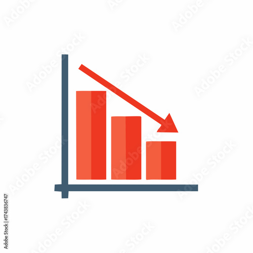 Descending bar graph with a red downward arrow representing financial loss, recession, and business decline.