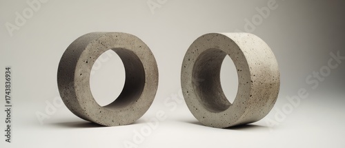 Wallpaper Mural Two Concrete Ring Sculptures on Neutral Studio Background, Minimal Geometric Form. AI generative Torontodigital.ca