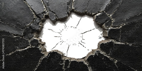 Grunge texture of an old concrete wall with a small hole and cracked, broken glass in a textured stone surface pattern