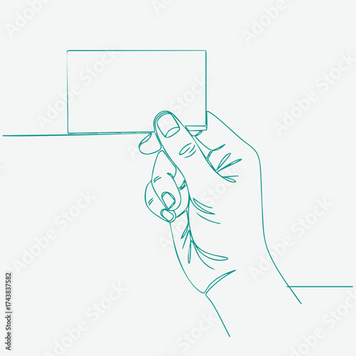 Minimalist hand holding a blank rectangular card with detailed line art style emphasizing simplicity and elegance