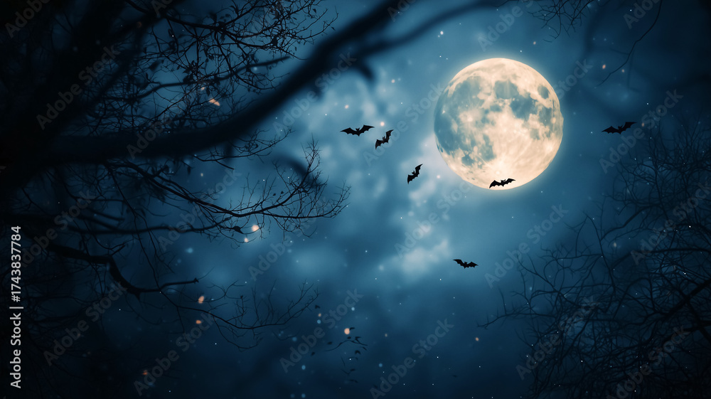 Naklejka premium Enchanted full moon night with flying bats in a mysterious dark forest sky. Eerie Halloween atmosphere under glowing moonlight with spooky trees and misty clouds in deep blue tones.