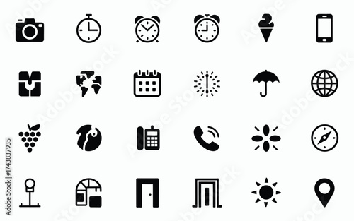 Collection of scalable vector icons representing diverse objects and concepts for graphic design and web applications silhouette vector illustration white background