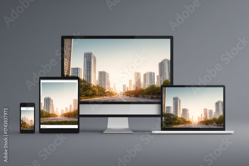Wallpaper Mural Responsive Devices Displaying Cityscape on Smartphone, Tablet, Laptop, and Desktop Screen Mockup. AI generative Torontodigital.ca