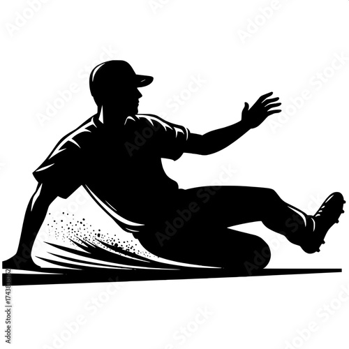 Black and White Vector Silhouette of a Man Sliding into Base