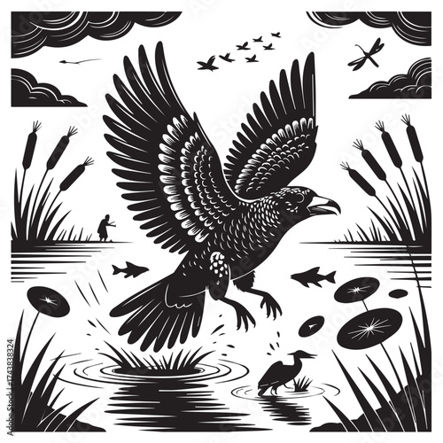 Dramatic woodcut illustration of a powerful eagle soaring over a tranquil wetland scene with reeds and water lilies