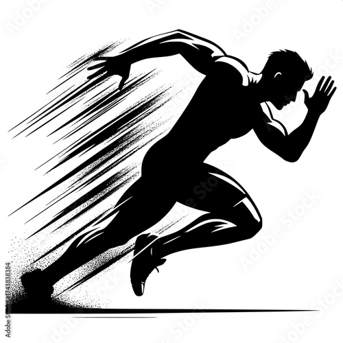 Black and White Vector Silhouette of a Man Sprinting Fast in Action Pose