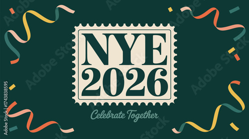 New year's eve celebration card with nye and year two thousand twenty six on a dark green background