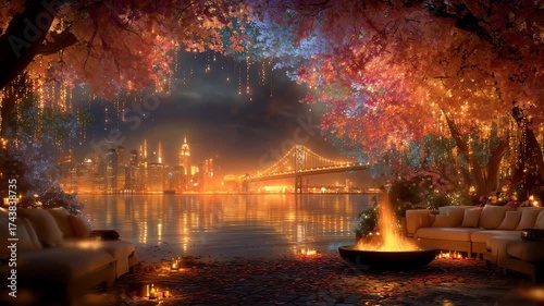 evening campfire by the river with cozy sofas fireworks over city skyline and bridge warm magical atmosphere serene scenic view