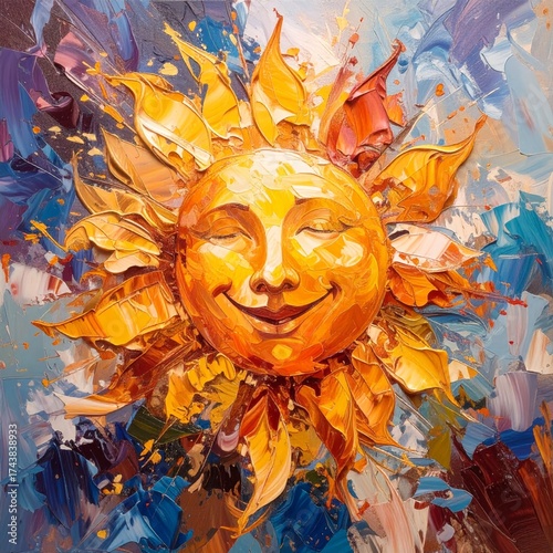 A cheerful and expressive impasto oil painting of a smiling sun. The thick, textured brush strokes create a vibrant and joyful artwork symbolizing happiness and optimism.