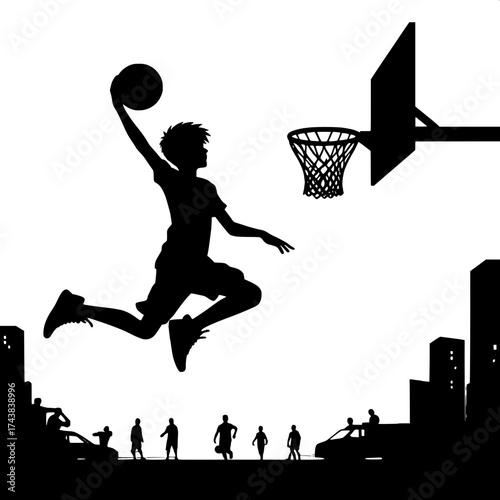 Black and White Vector Silhouette of a Boy Playing Basketball Dunk