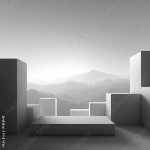 Wallpaper Mural Monochrome Geometric Podium with Minimal Landscape Background, Grayscale Abstract Scene. AI generative Torontodigital.ca