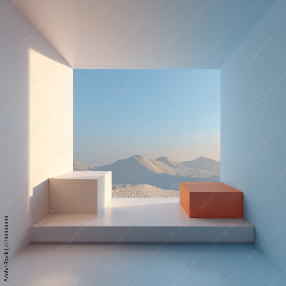custom made wallpaper toronto digitalMinimalist Interior Window Framing Desert Landscape with Geometric Blocks and Soft Pastel Light. AI generative