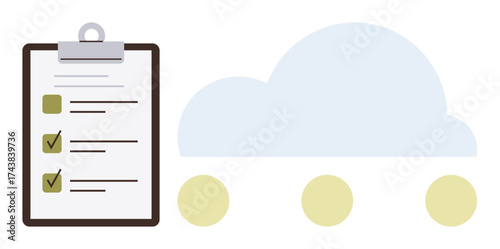 Clipboard with completed tasks and a cloud symbol connected to three dots. Ideal for productivity, organization, cloud computing, collaboration, task management, workflow, and simplicity. Clear