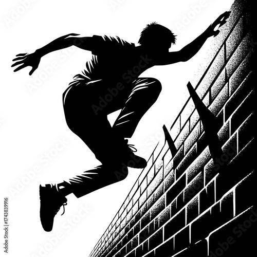 Black and White Vector Silhouette of a Man Performing Parkour Wall Run