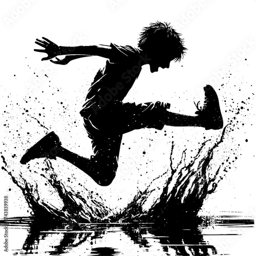 Black and White Vector Silhouette of a Boy Jumping into Puddle