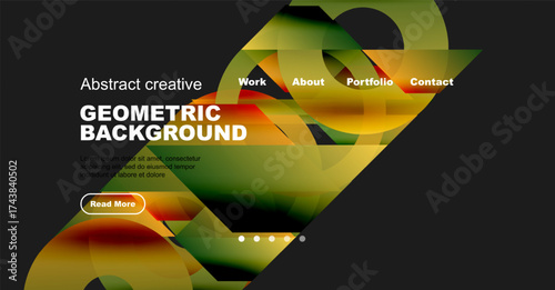 Modern website mockup features vibrant geometric shapes, text overlay, navigation menu. Design emphasizes abstract visuals, bold colors.
