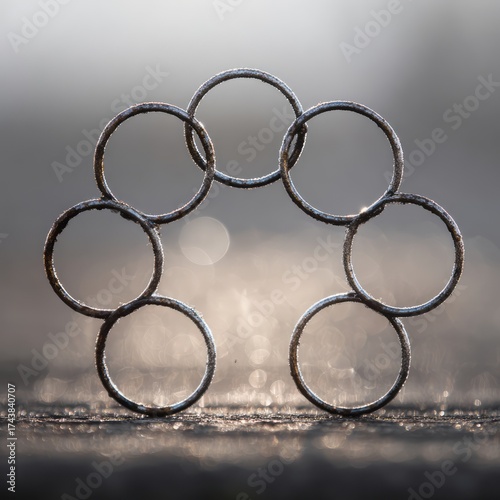 Wallpaper Mural Frosted metal rings arranged in a geometric circle pattern with bokeh backdrop. AI generative Torontodigital.ca