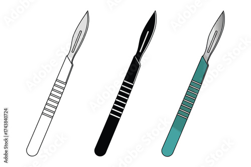 Vector art of three scalpel in different styles, line art, silhouette and color illustration