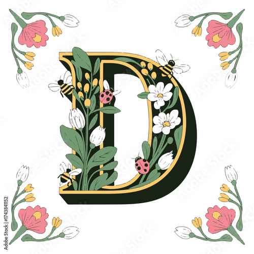 Elegant decorative letter d adorned with lush greenery white flowers ladybugs and bees surrounded by floral corner embellishments