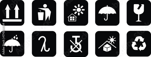 Black fragile shipping or packaging icons symbol, Vector illustration for logistics and shipping sign,including fragile, upward, glass, recycled, keep dry, Common packaging & warning illusions,
