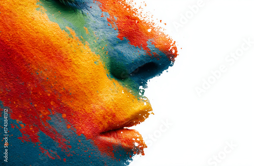 Closeup portrait of a woman's face with multicolored paint