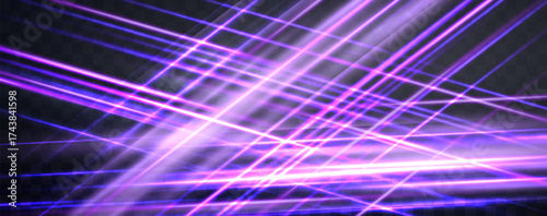 Speed rays, velocity light neon flow, zoom in motion effect, purple glow speed lines, colorful light trails, stripes. Abstract background, vector illustration.
