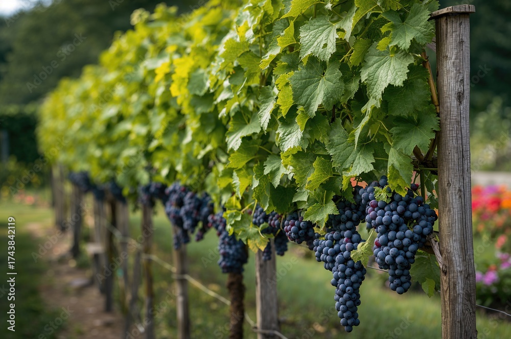 Fototapeta premium Tidy vine of grapes growing on a garden trellis