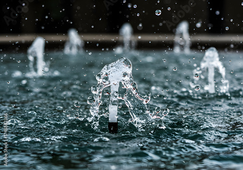 Close-up view of water fountain jets spraying upwards, creating droplets.