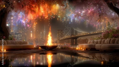 evening campfire by the river with cozy sofas fireworks over city skyline and bridge warm magical atmosphere serene scenic view