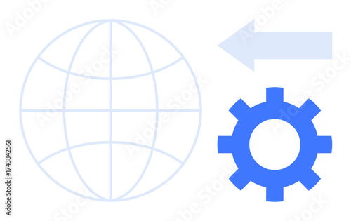 Blue gear, globe, and arrow signifying global processes, collaboration, optimization, and technology integration. Ideal for analytics, business strategy, automation globalization software