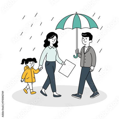 Parents and Kid Under Umbrella - Outdoor Activity - Autumn Day - Urban Stroll - Vector Art