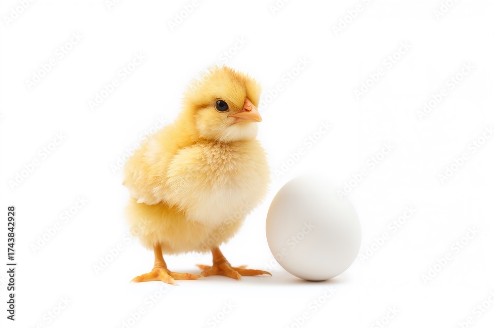 Fototapeta premium Small yellow chick and egg on a white backdrop
