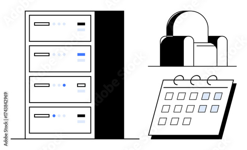 Server rack with storage units, office chair design, and a detailed calendar sheet. Ideal for productivity, time management, tech organization, digital workspace, office setup, task scheduling