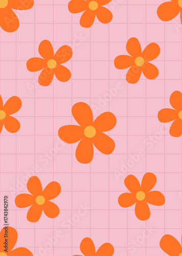 seamless pattern of orange flowers on pink grid background