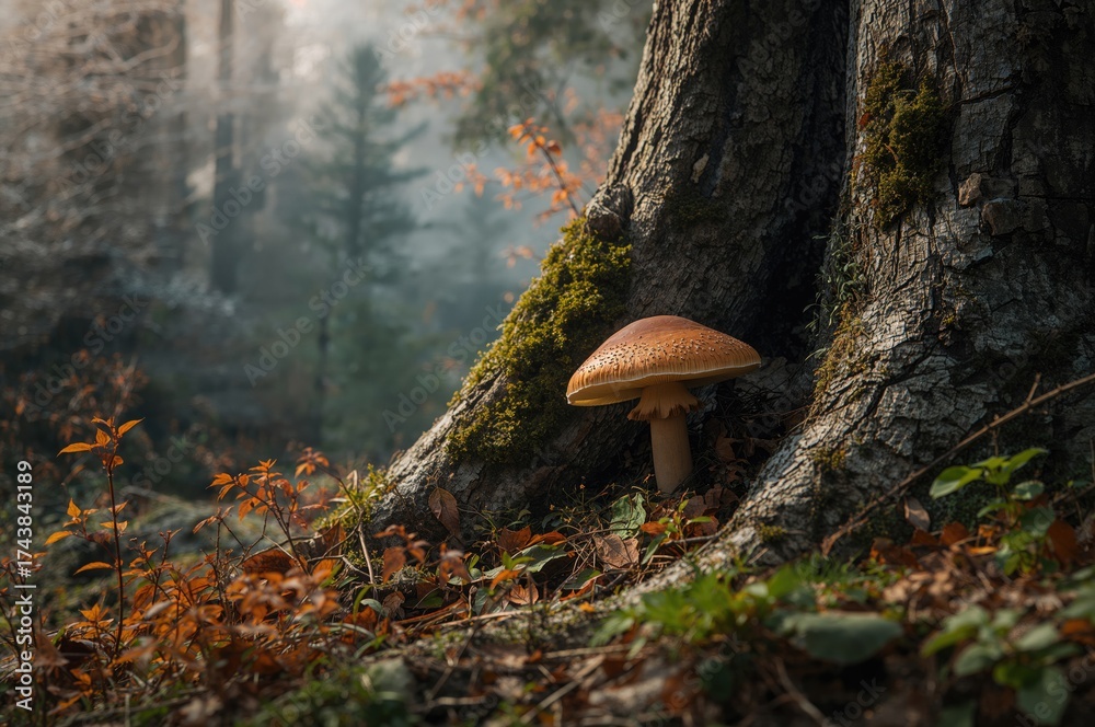 Fototapeta premium Brown mushroom with a white tip emerging at the tree base