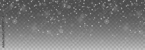 Snowfall PNG. Heavy snowfall or snowstorm with snowflakes of various shapes. Winter snowy background.