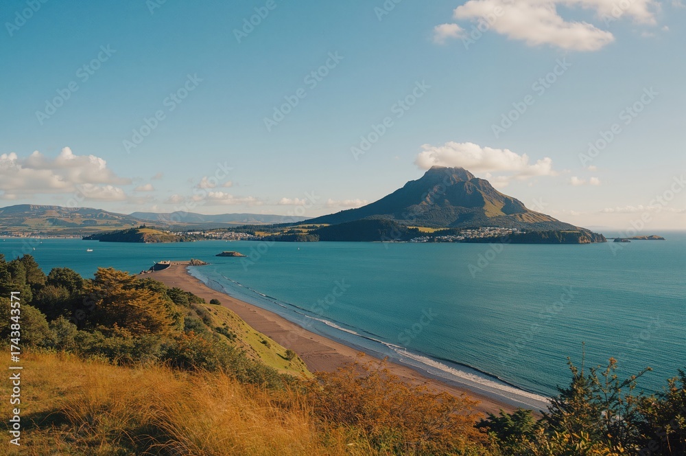 Fototapeta premium Scenic panorama of a mountain overlooking the ocean with trees and grassy fields during summer